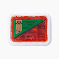 Closed 16 oz tray of Wild Alaska Chum Salmon Ikura XIP, Grade 1, filled with large, glossy orange-red salmon roe.
