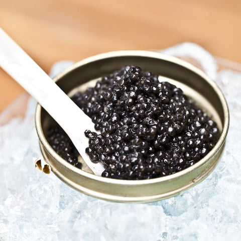 Hackleback Caviar in a tin with a spoon on ice