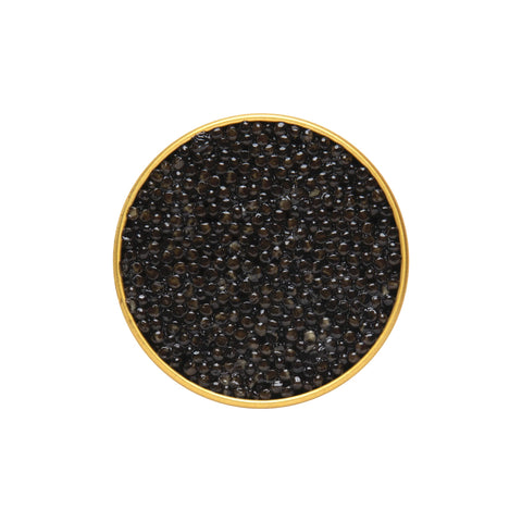 Open 1 oz tin of Siberian Sturgeon Caviar, Grade 1, filled with medium-small dark caviar pearls.