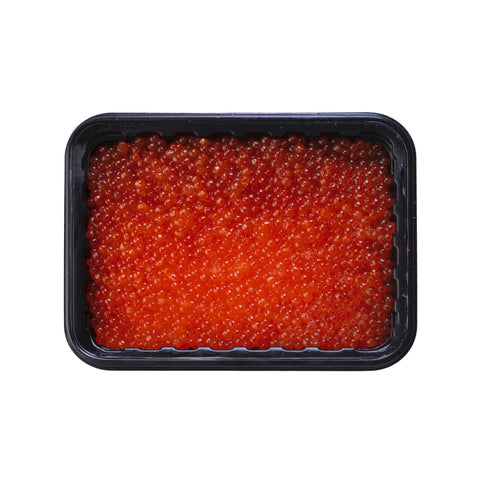 Open tray of Wild Alaska Pink Salmon Ikura Silver Bay P-1, Grade 1, filled with bright orange salmon roe.