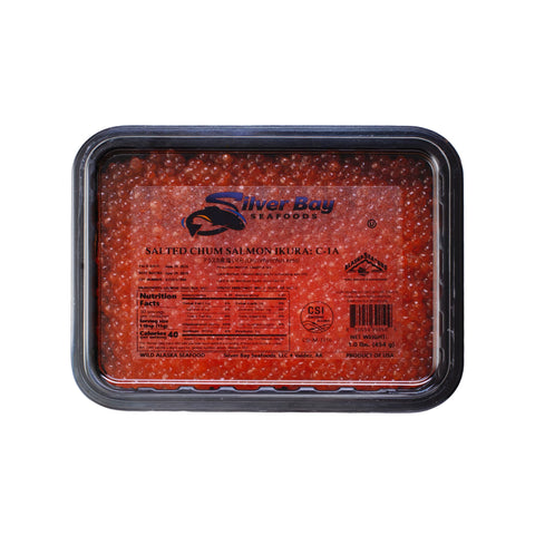Closed tray of Wild Alaska Pink Salmon Ikura Silver Bay P-1, Grade 1, filled with bright orange salmon roe.