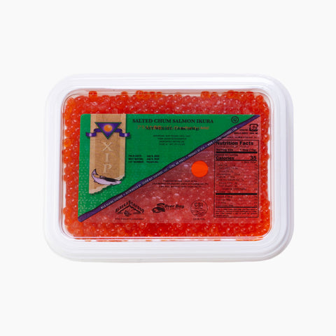 Closed 16 oz tray of Wild Alaska Chum Salmon Ikura XIP, Grade 1, filled with large, glossy orange-red salmon roe.